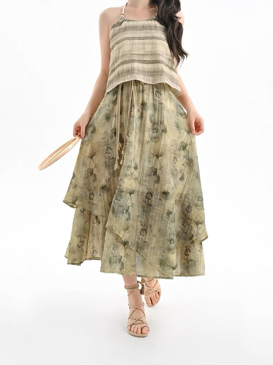 Dali Dream Ethnic Dye Midi Skirt with Belt-ntbhshop