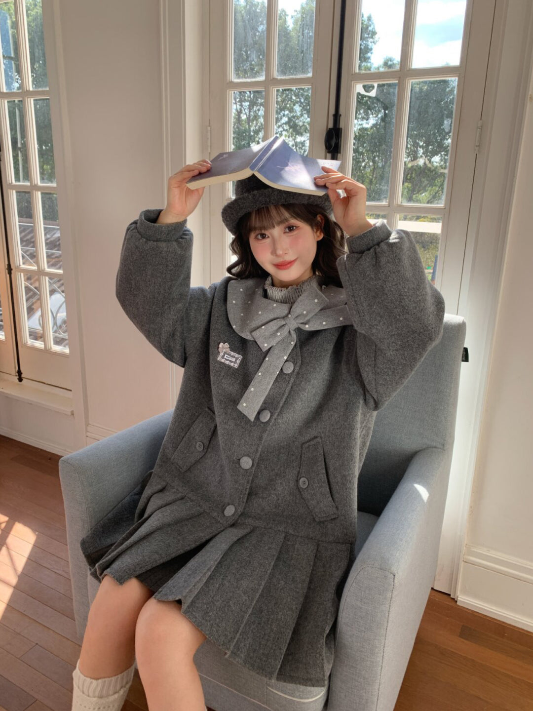 Grey Library Bow Woolen Coat-ntbhshop