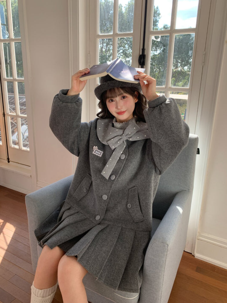 Grey Library Bow Woolen Coat-ntbhshop