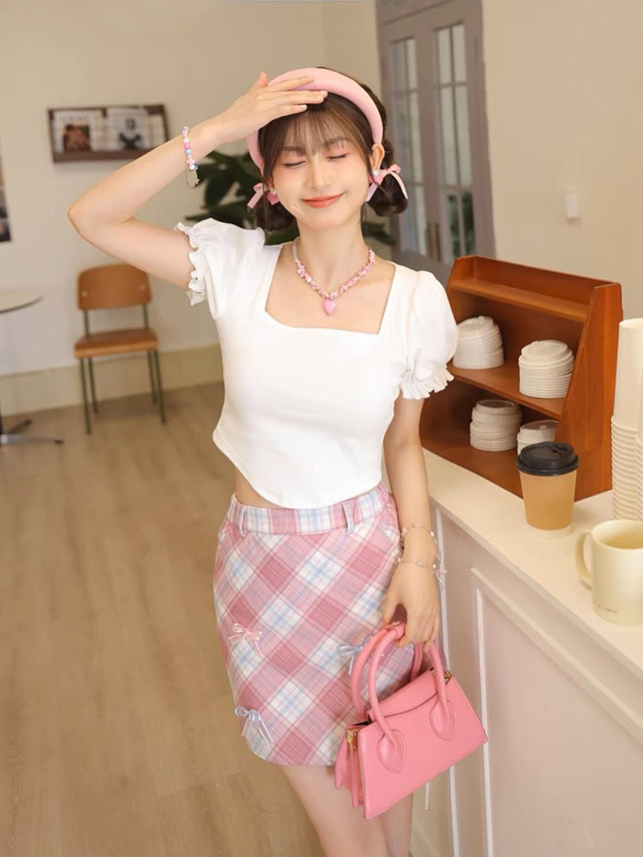 Solid Color Puff Sleeve Square Collar Tee-ntbhshop