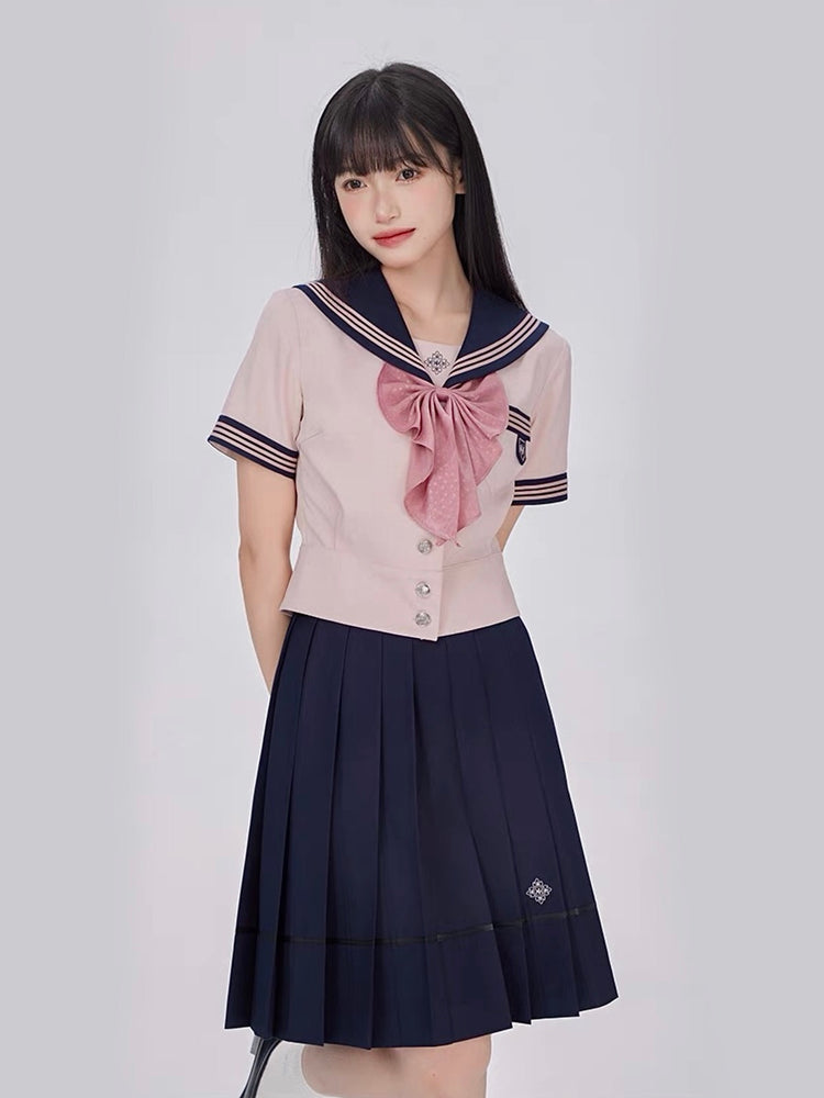 Sakura Petals High-Waist Pleated JK Uniform Midi Skirts-ntbhshop