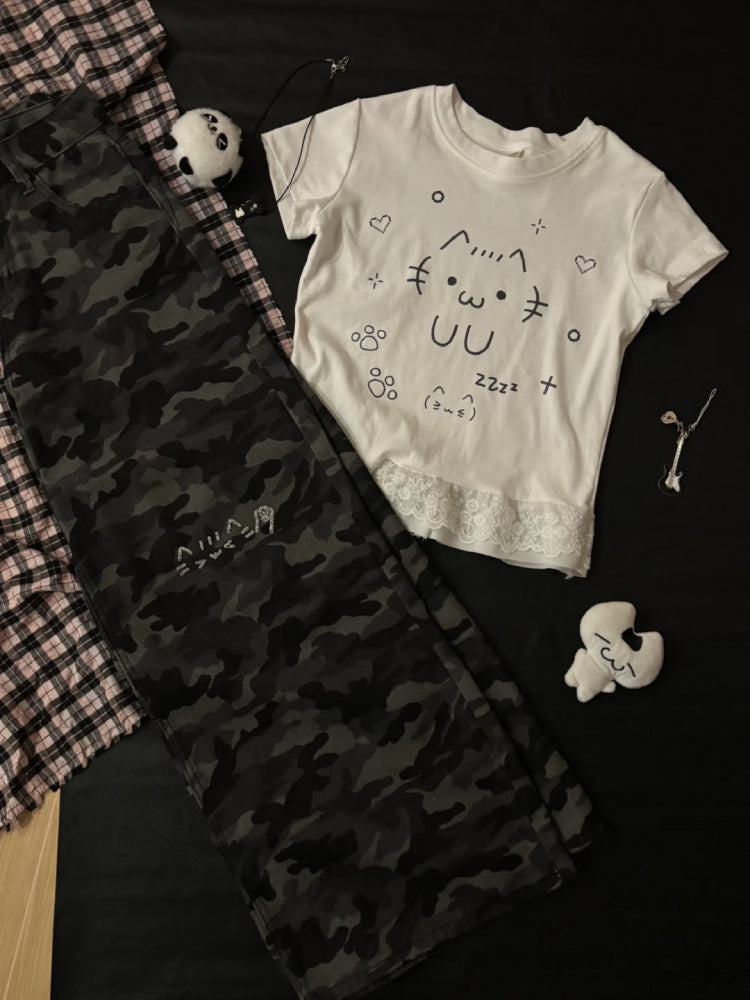 Emoji Cat Camouflage Wide Leg Jeans-ntbhshop