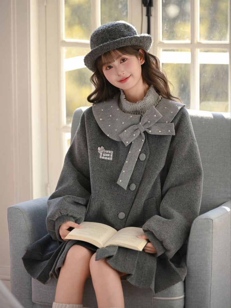 Grey Library Bow Woolen Coat-ntbhshop