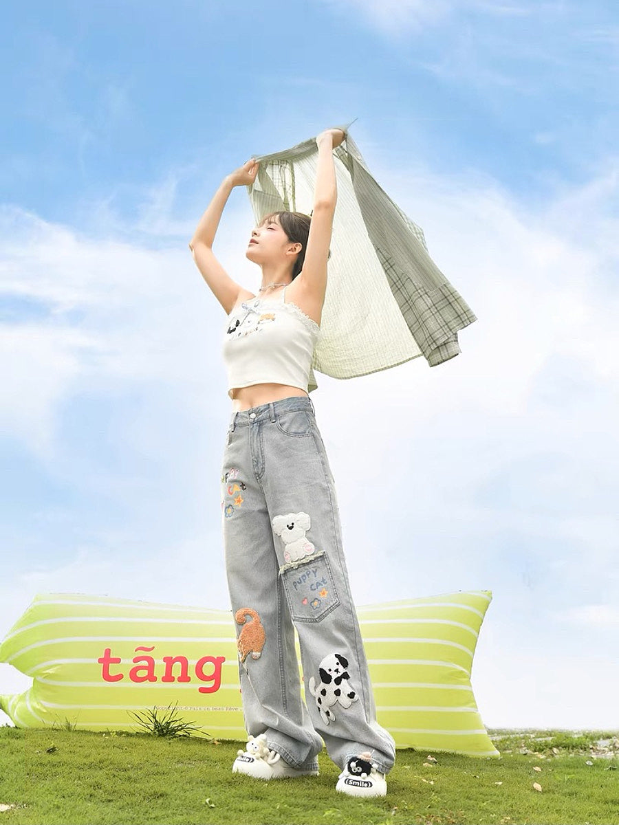 Puppy Cat Party Cute Patch Denim Wide-Leg Jeans-ntbhshop