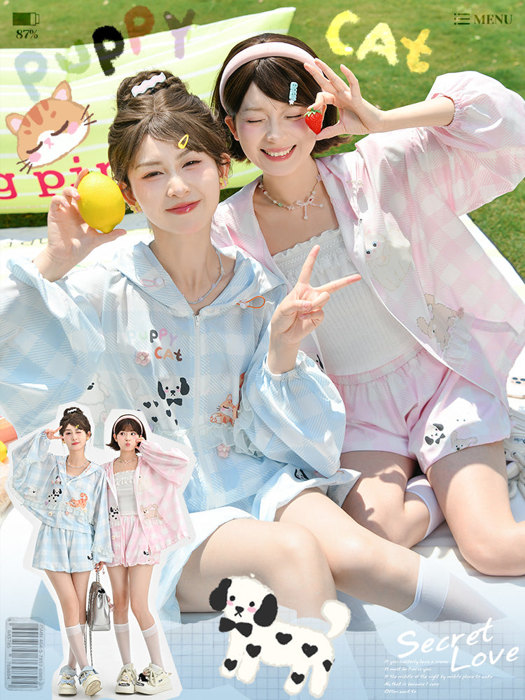 Puppy Cat Party Plaid UPF50+ Hooded Jackets-ntbhshop