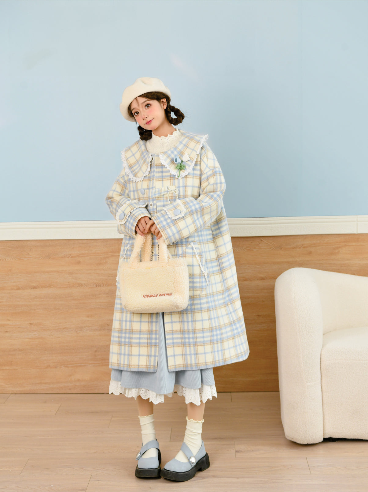 Enchanted Grove Doll Dream Lapel Plaid Woolen Mid-Length Coat-ntbhshop