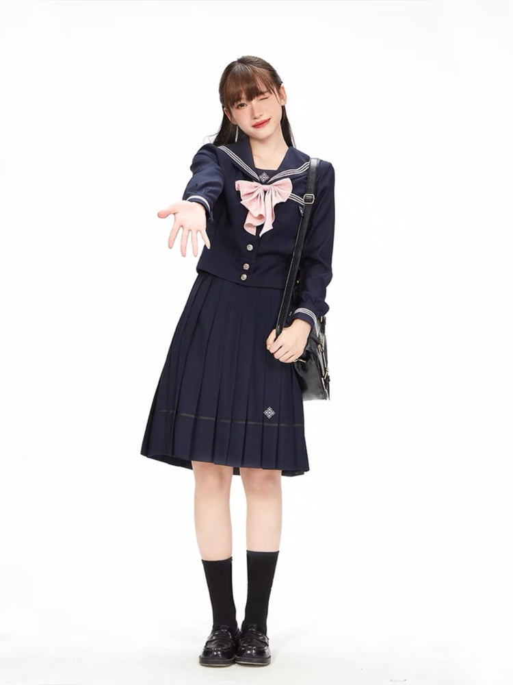 Sakura Petals High-Waist Pleated JK Uniform Midi Skirts-ntbhshop