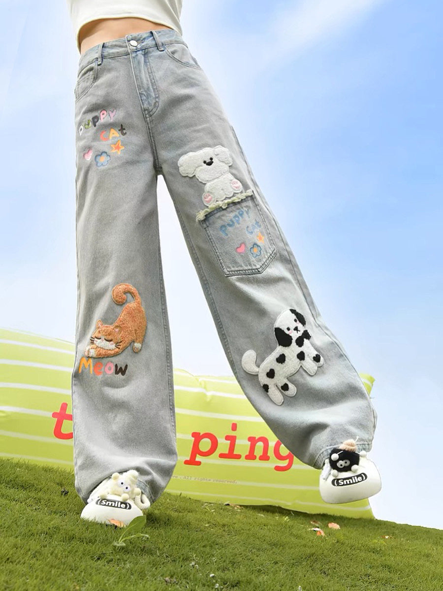 Puppy Cat Party Cute Patch Denim Wide Leg Jeans-ntbhshop