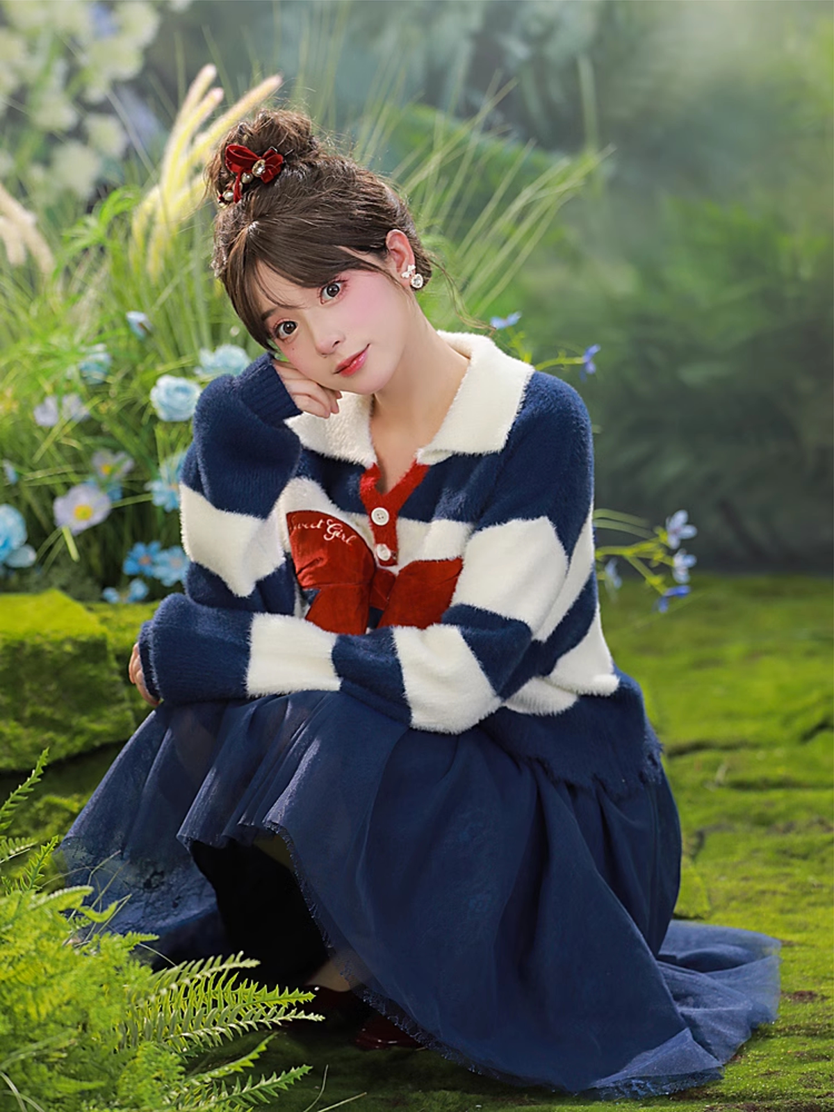 Snow Girl Fur Pullover Striped Wool Sweater-ntbhshop