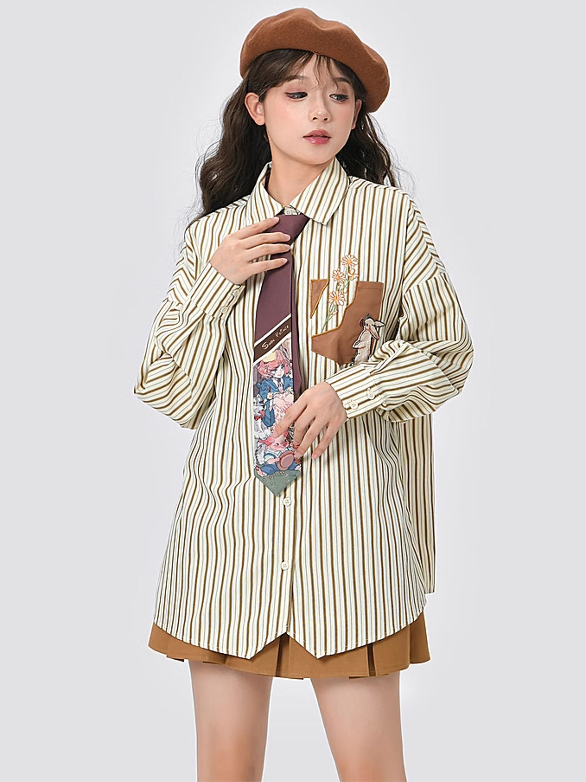 Forest Prince Maillard Vintage Striped Long Sleeve Shirt with Tie-ntbhshop
