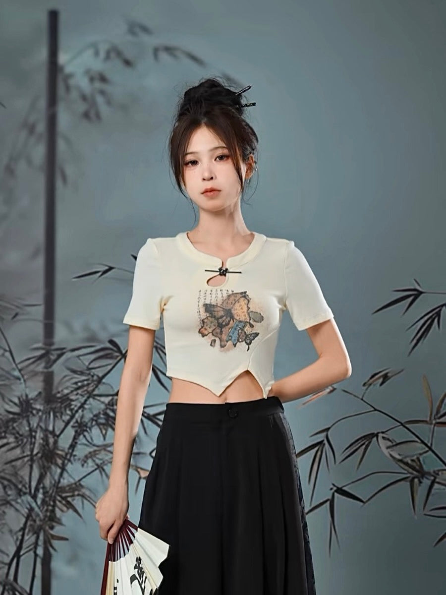 The Pile of Brocade Ash Chinese Butterfly Side Split Slim Crop Tops-ntbhshop
