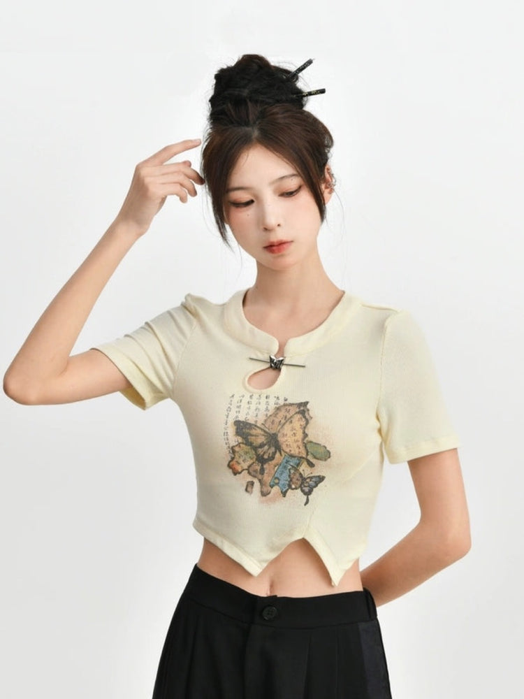 The Pile of Brocade Ash Chinese Butterfly Crop Tops-ntbhshop