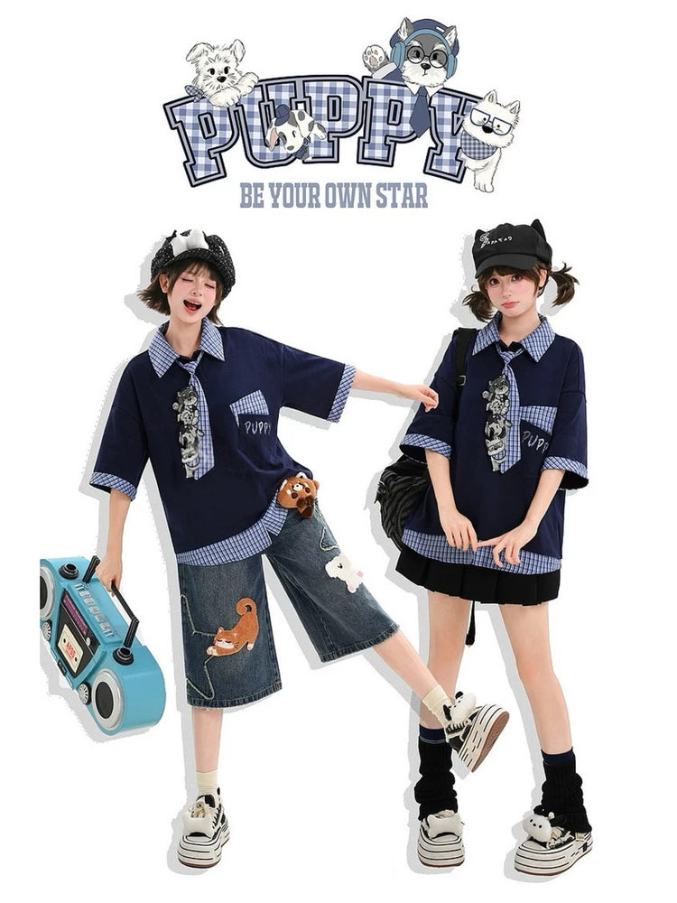 Campus Puppy Cotton Tie Tees-Tops-ntbhshop