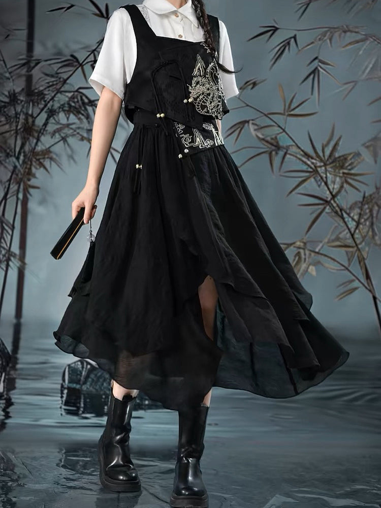 Cloud Dragon Chinese Style Layered Midi Skirt-ntbhshop