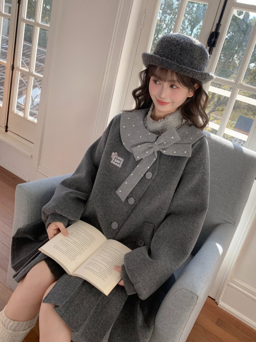 Grey Library Bow Woolen Coat-ntbhshop