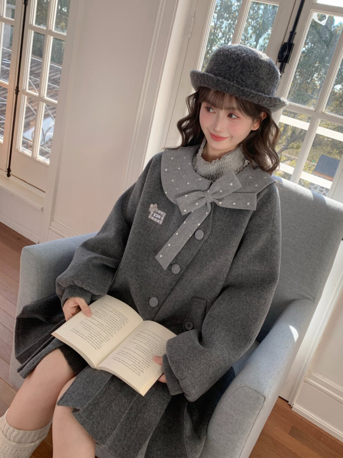 Grey Library Bow Woolen Coat-ntbhshop