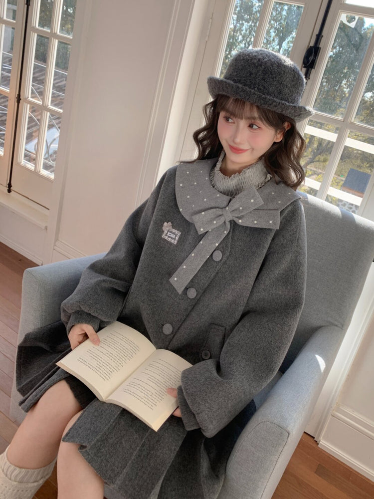 Grey Library Bow Woolen Coat-ntbhshop