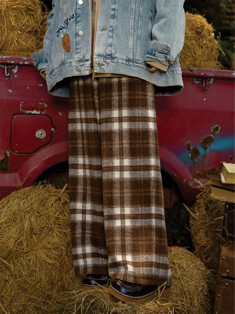 Maillard Mingle Forest Retro Casual Plaid High-Waist Pants-ntbhshop