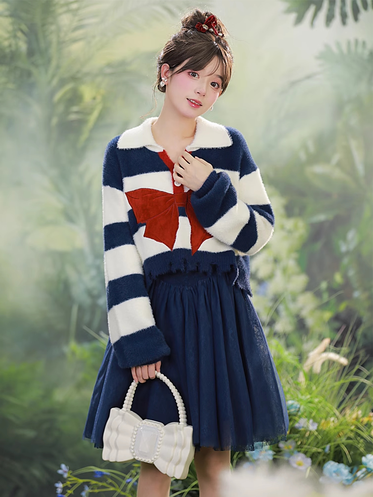 Snow Girl Fur Pullover Striped Wool Sweater-ntbhshop