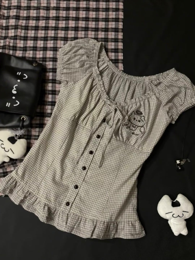 Angel Cat Plaid Slim Fit Blouse-ntbhshop