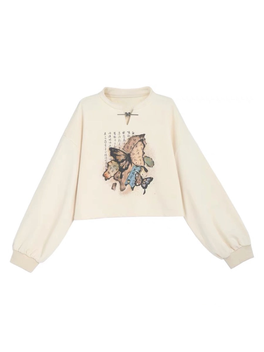 The Pile of Brocade Ash Chinese Butterfly Crop Pullover Sweatshirt-ntbhshop