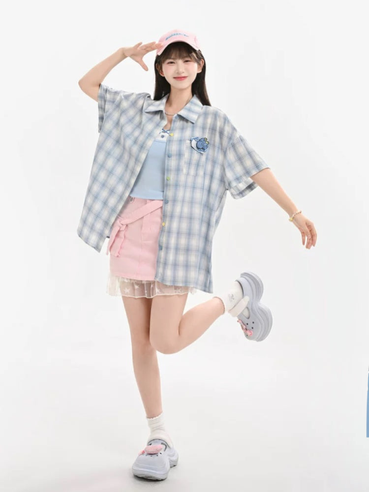 Blueberry Plaid Shirt Jacket-Tops-ntbhshop
