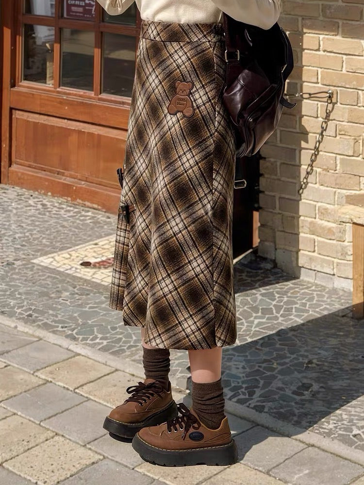 Teddy Plaid Midi Skirt-Bottoms-ntbhshop