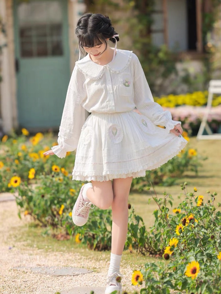Tulip Daydreams French Textured Long Sleeves Baby Doll Blouse-ntbhshop