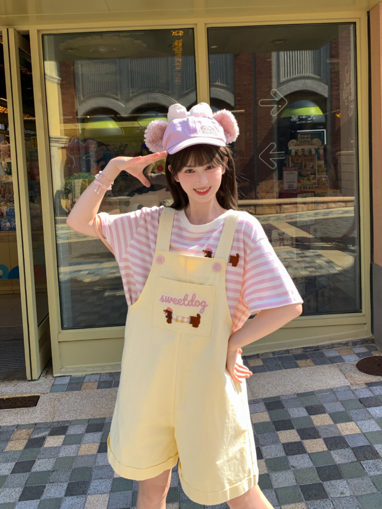 Sweet Dog Stripe Tee & Overall Shorts-Sets-ntbhshop