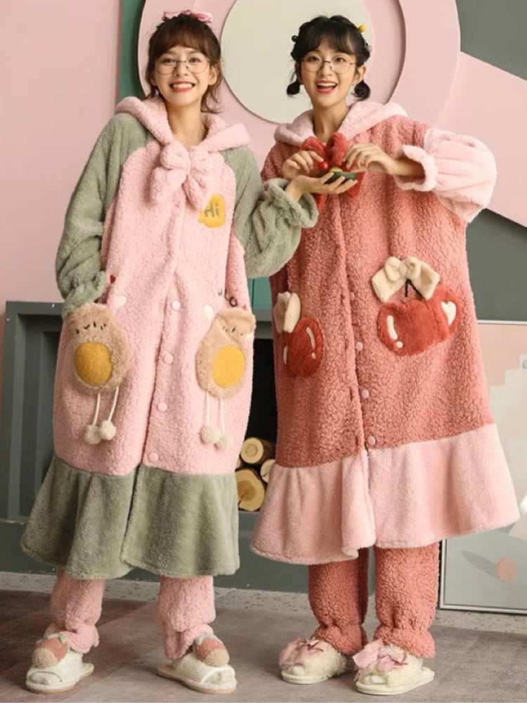 Creamy Avocado Cozy Winter Fleece Sleepwear Nightgown Set-ntbhshop