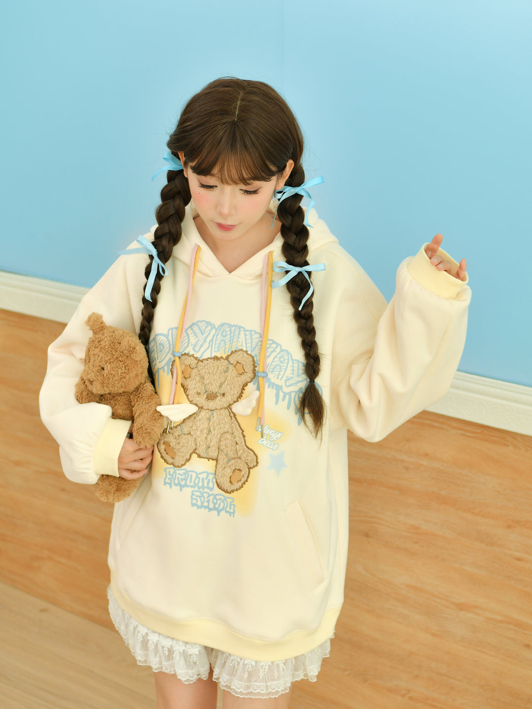 Teddy Always Cute Angel Bear Inner Fleece Hoodie-ntbhshop