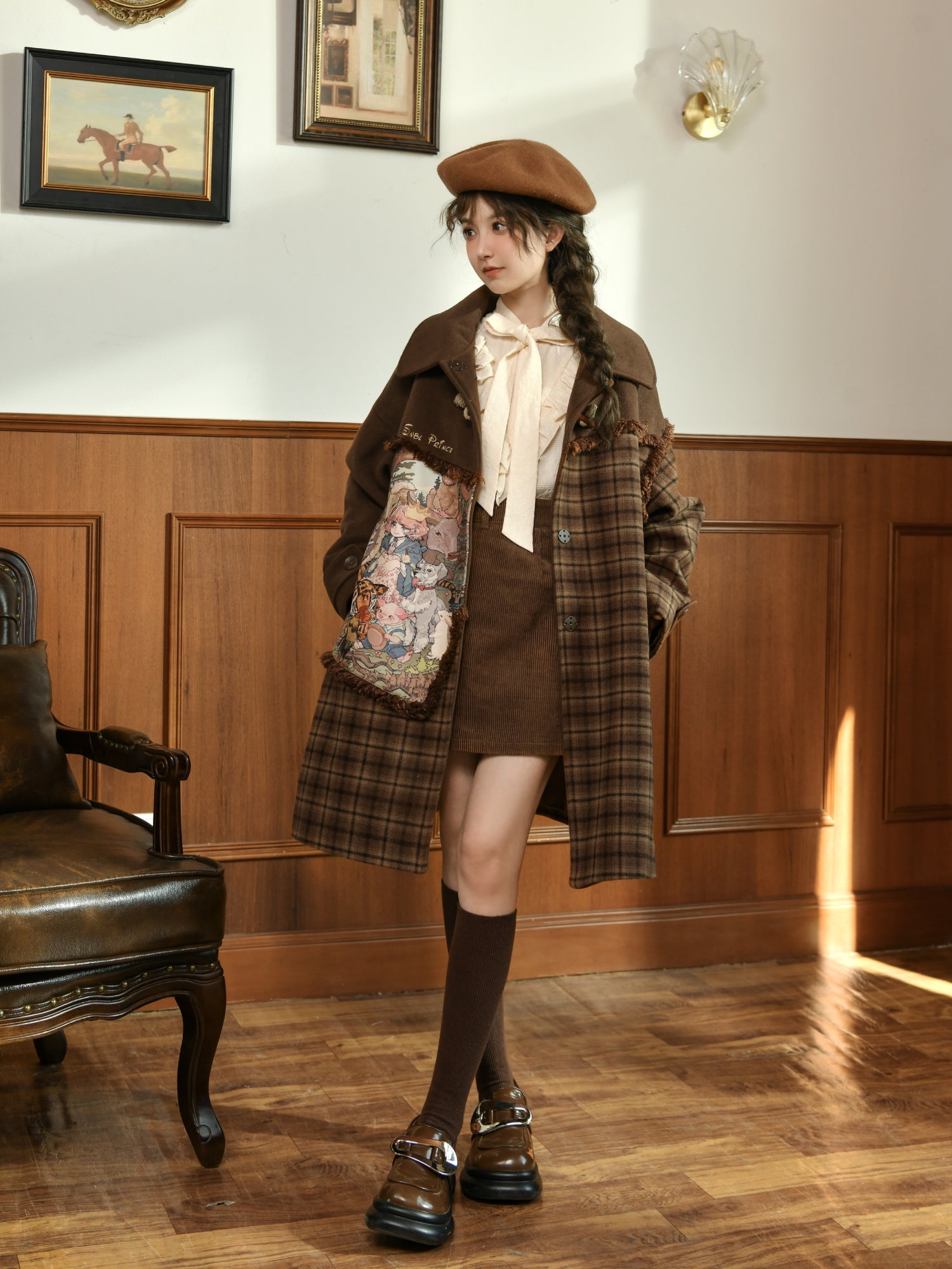 Maillard Plaid Stitched Loose Fit Oil Painting Drape Coat-ntbhshop