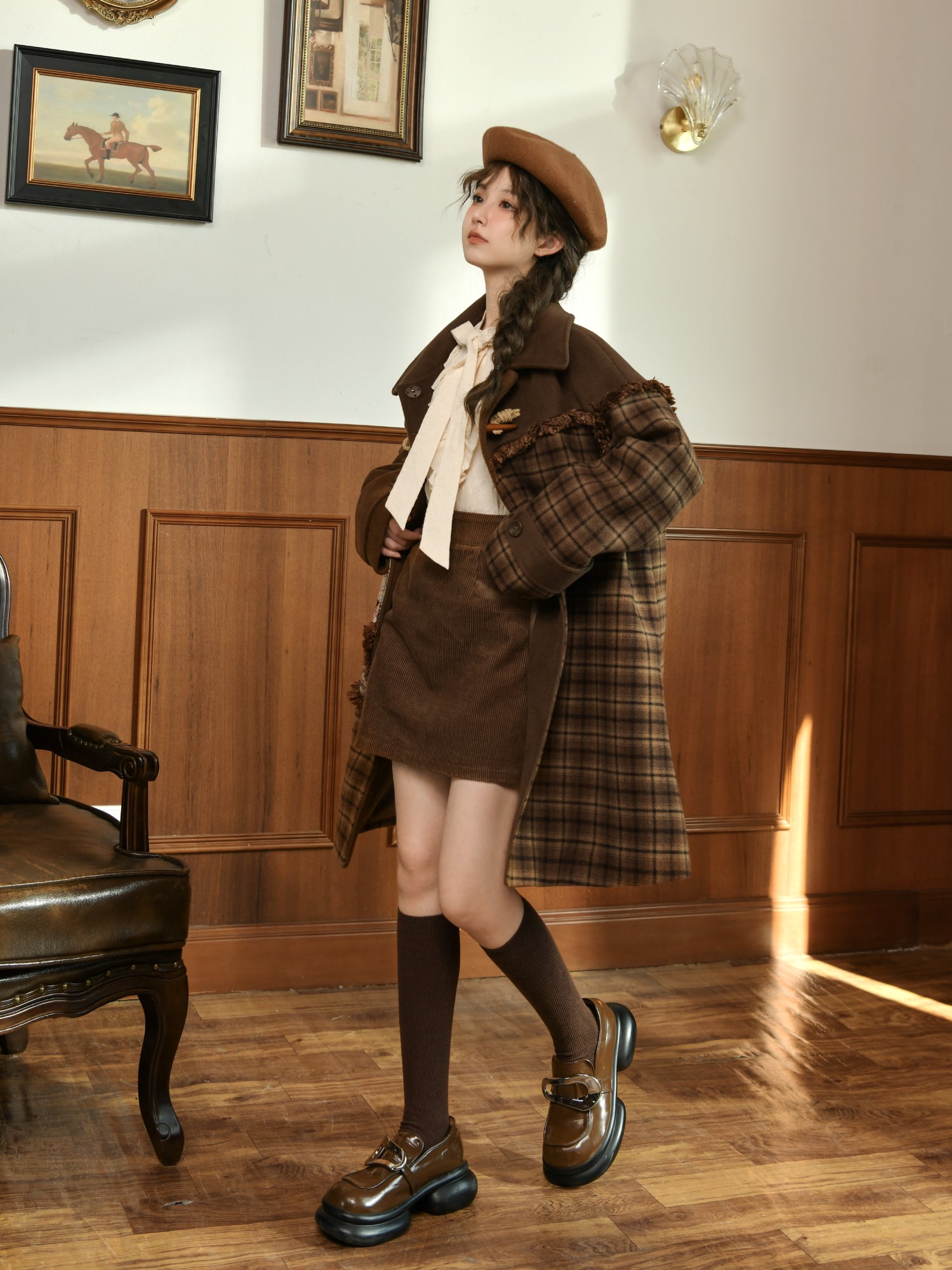 Maillard Plaid Stitched Loose Fit Oil Painting Drape Coat-ntbhshop