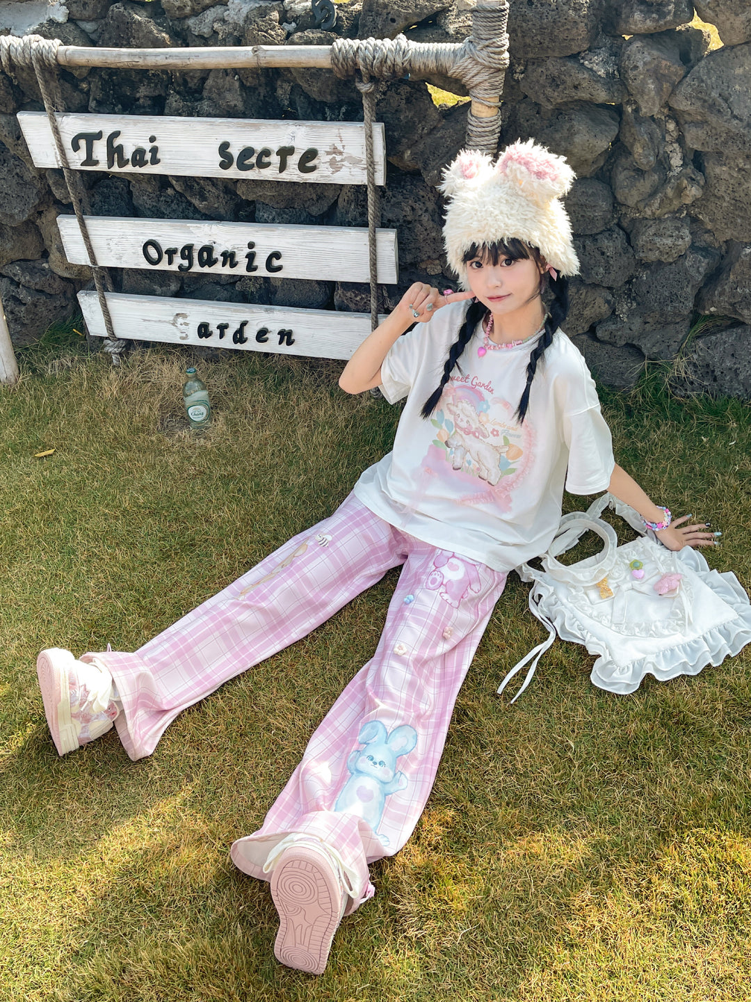 Lovely Bunny Sweet Pink Plaid Wide Leg Straight Pants-ntbhshop