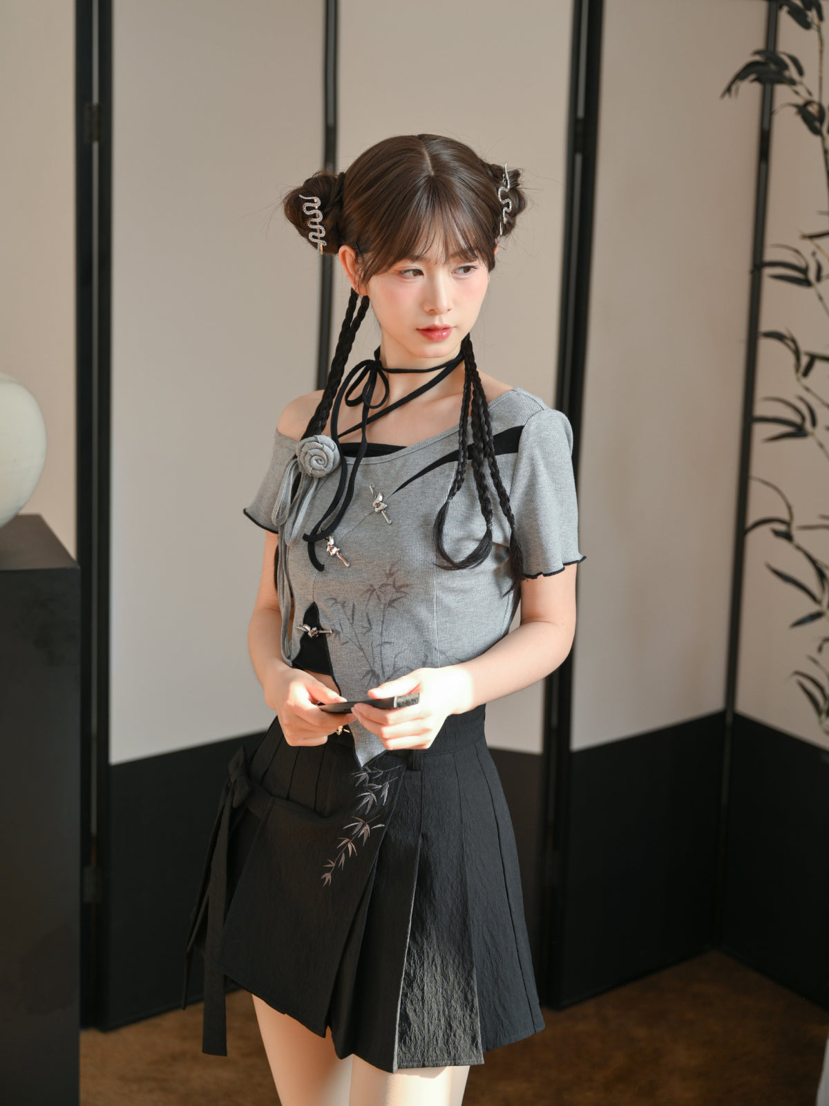 Bamboo Shadow Chinese Irregular Side Bow Textured Skirt-ntbhshop