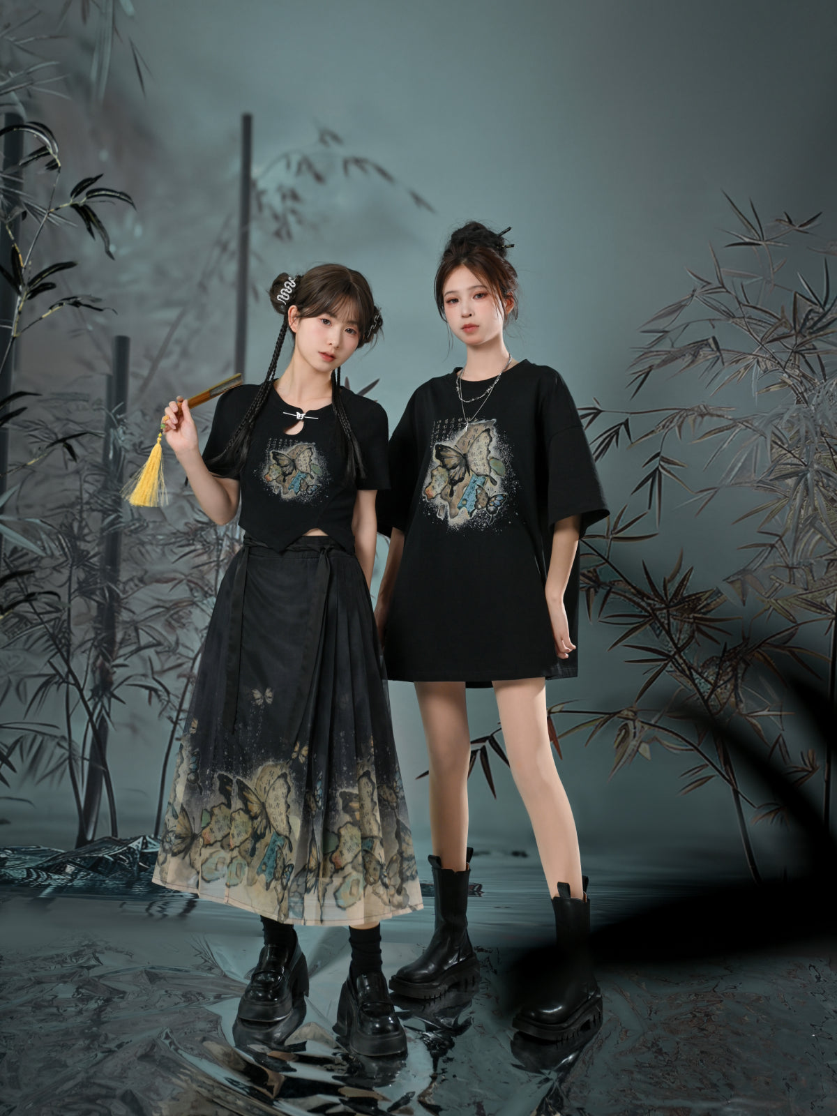 The Pile of Brocade Ash Chinese Butterfly Crop Tops-ntbhshop