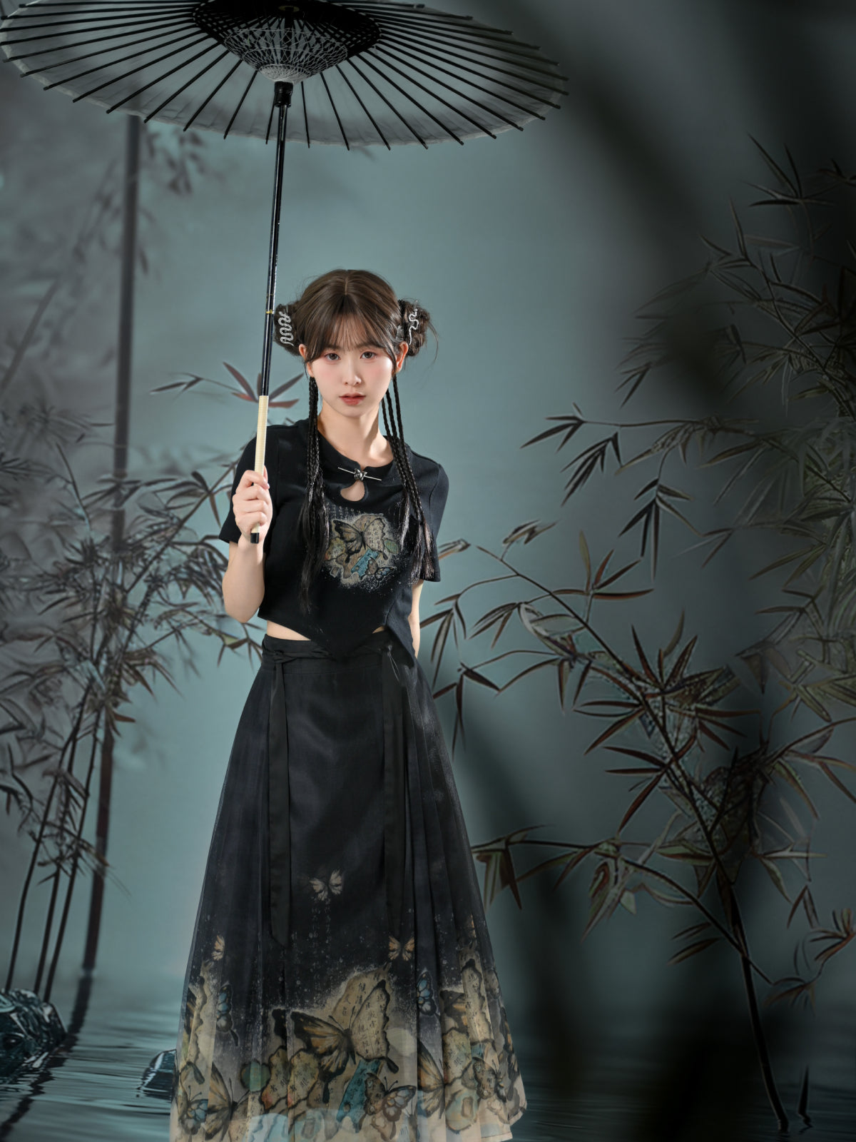 The Pile of Brocade Ash Chinese Butterfly Crop Tops-ntbhshop