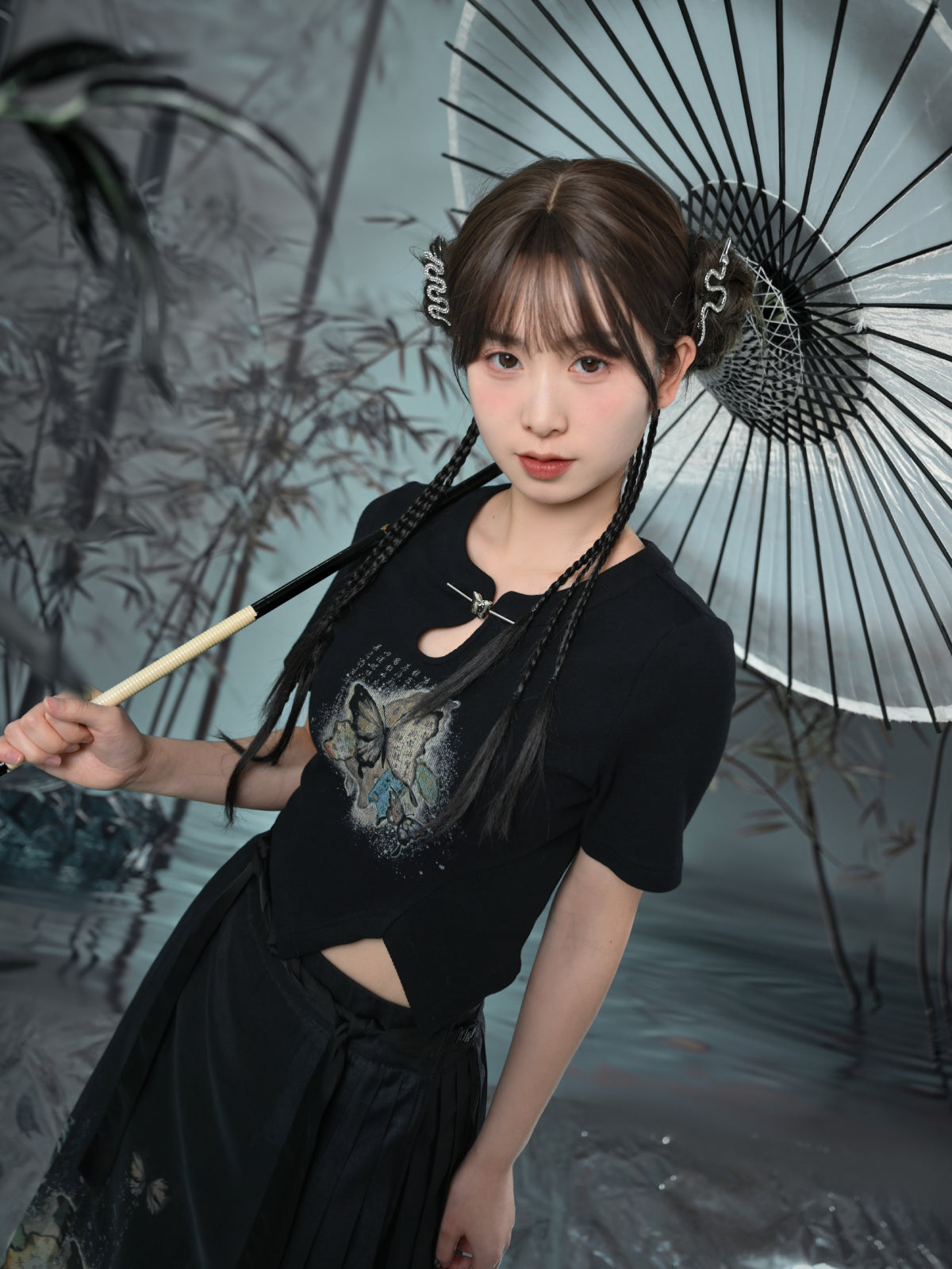 The Pile of Brocade Ash Chinese Butterfly Crop Tops-ntbhshop