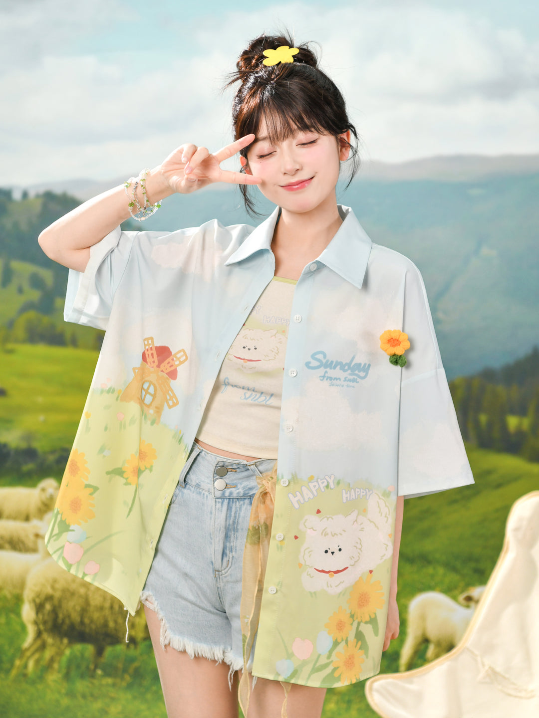 Happy Puppy Printed Short Sleeve Shirt-ntbhshop