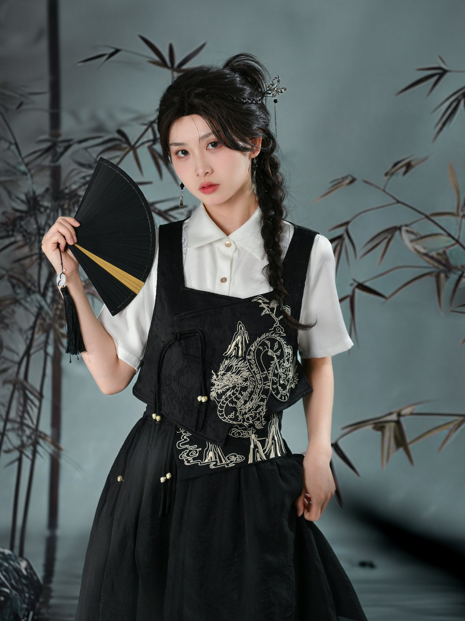 Cloud Dragon Chinese Style Layered Midi Skirt-ntbhshop