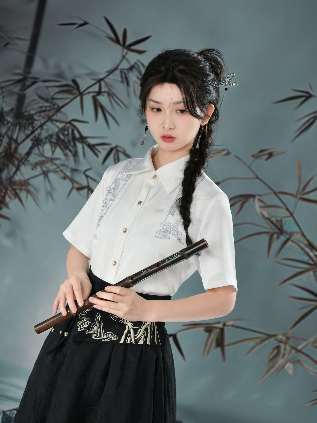 Cloud Dragon Chinese Style Embroidered Textured Shirt-ntbhshop