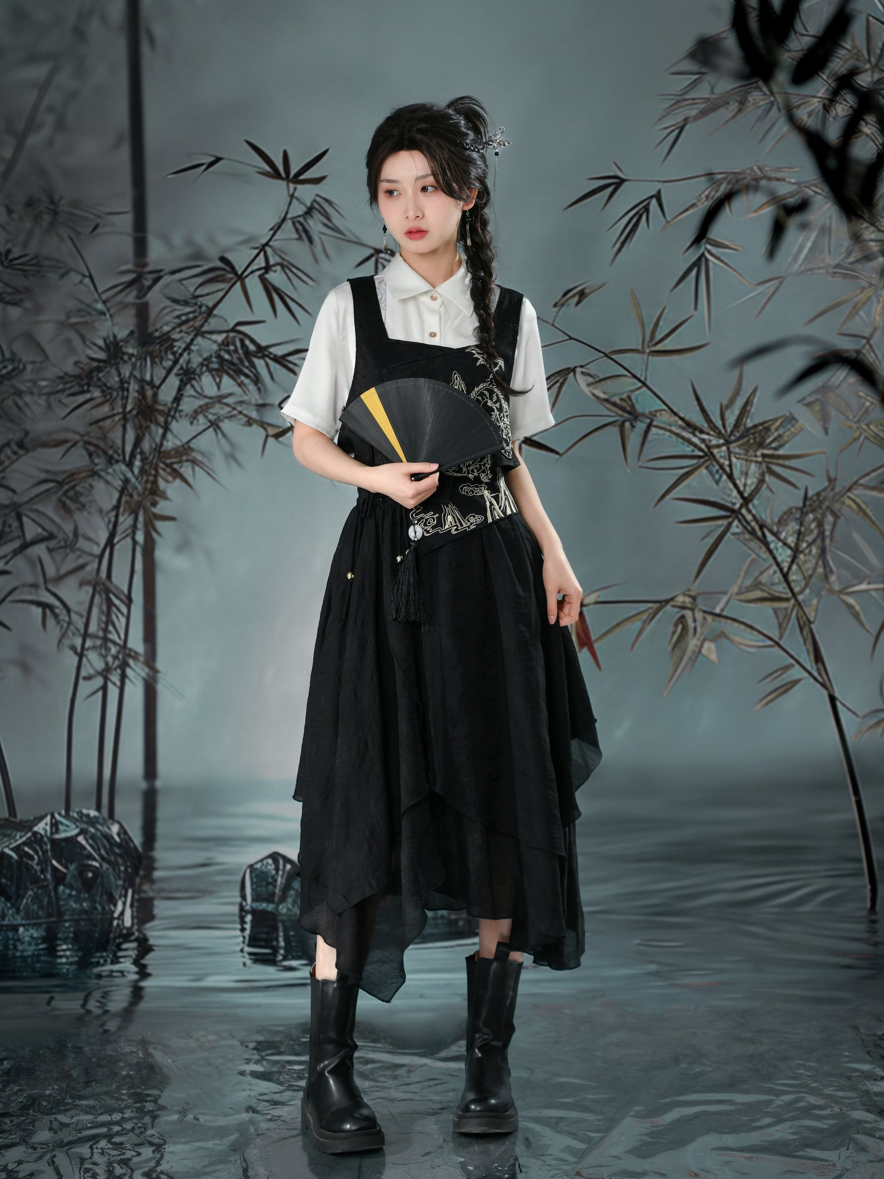Cloud Dragon Chinese Style Layered Midi Skirt-ntbhshop
