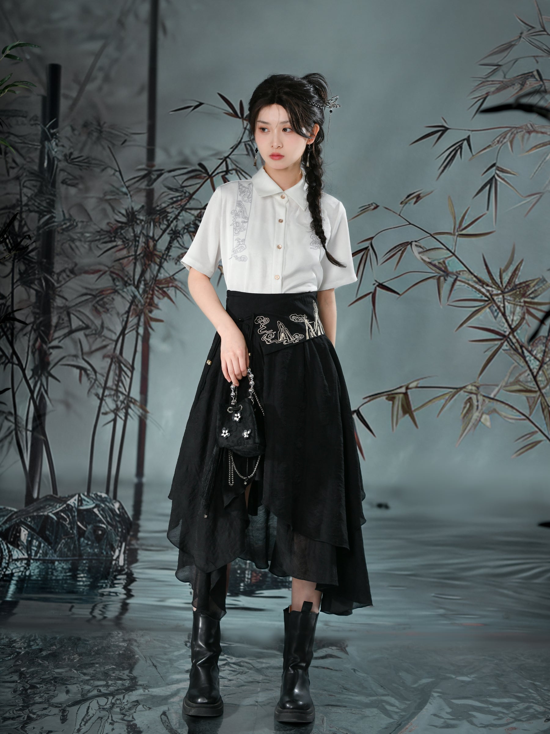 Cloud Dragon Chinese Style Embroidered Textured Shirt-ntbhshop