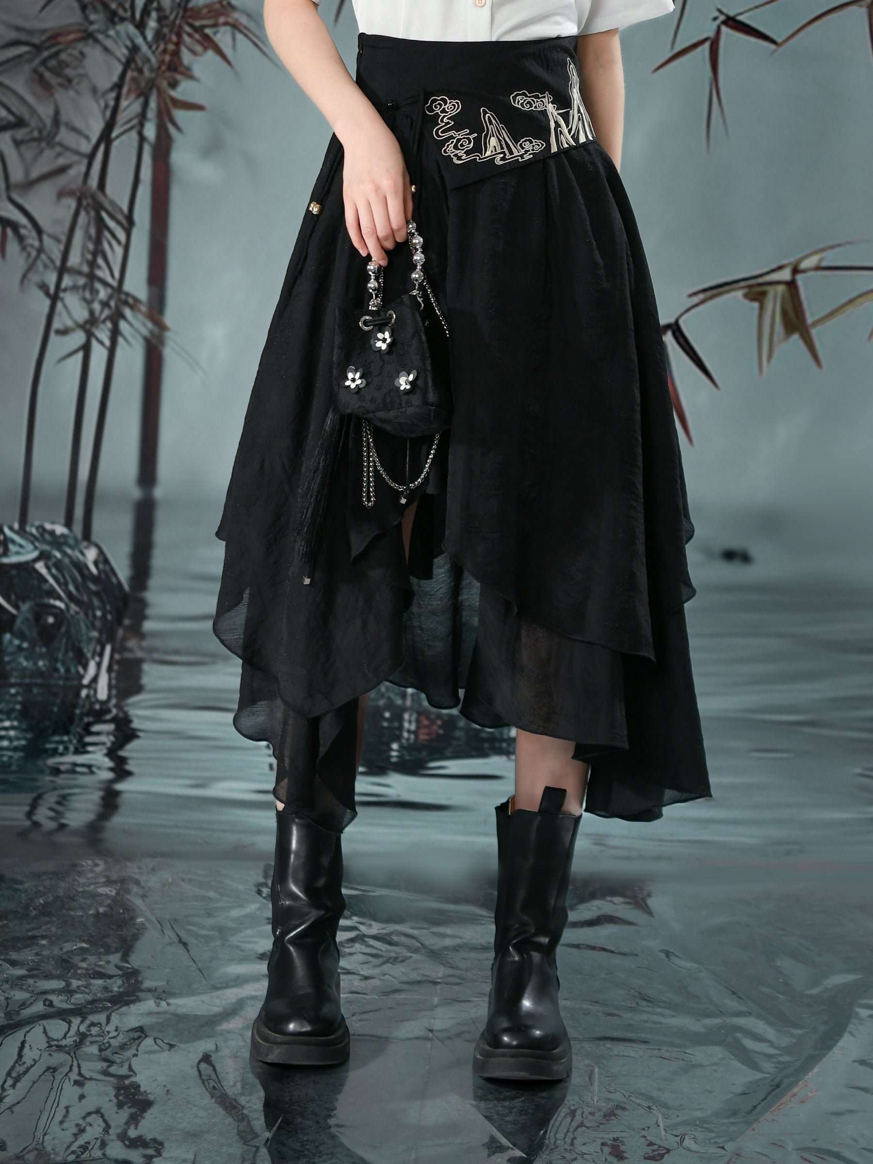 Cloud Dragon Chinese Style Layered Midi Skirt-ntbhshop