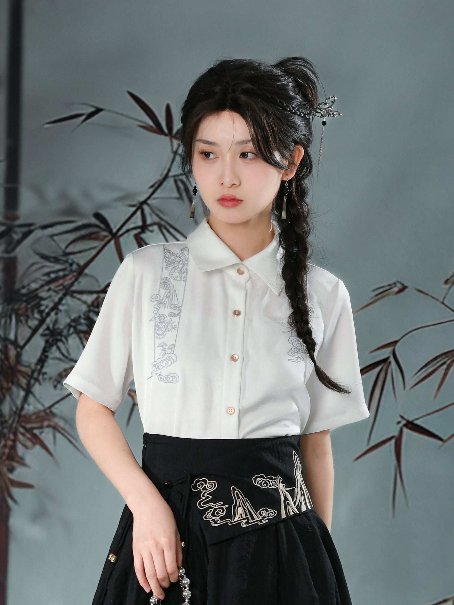 Cloud Dragon Chinese Style Layered Midi Skirt-ntbhshop