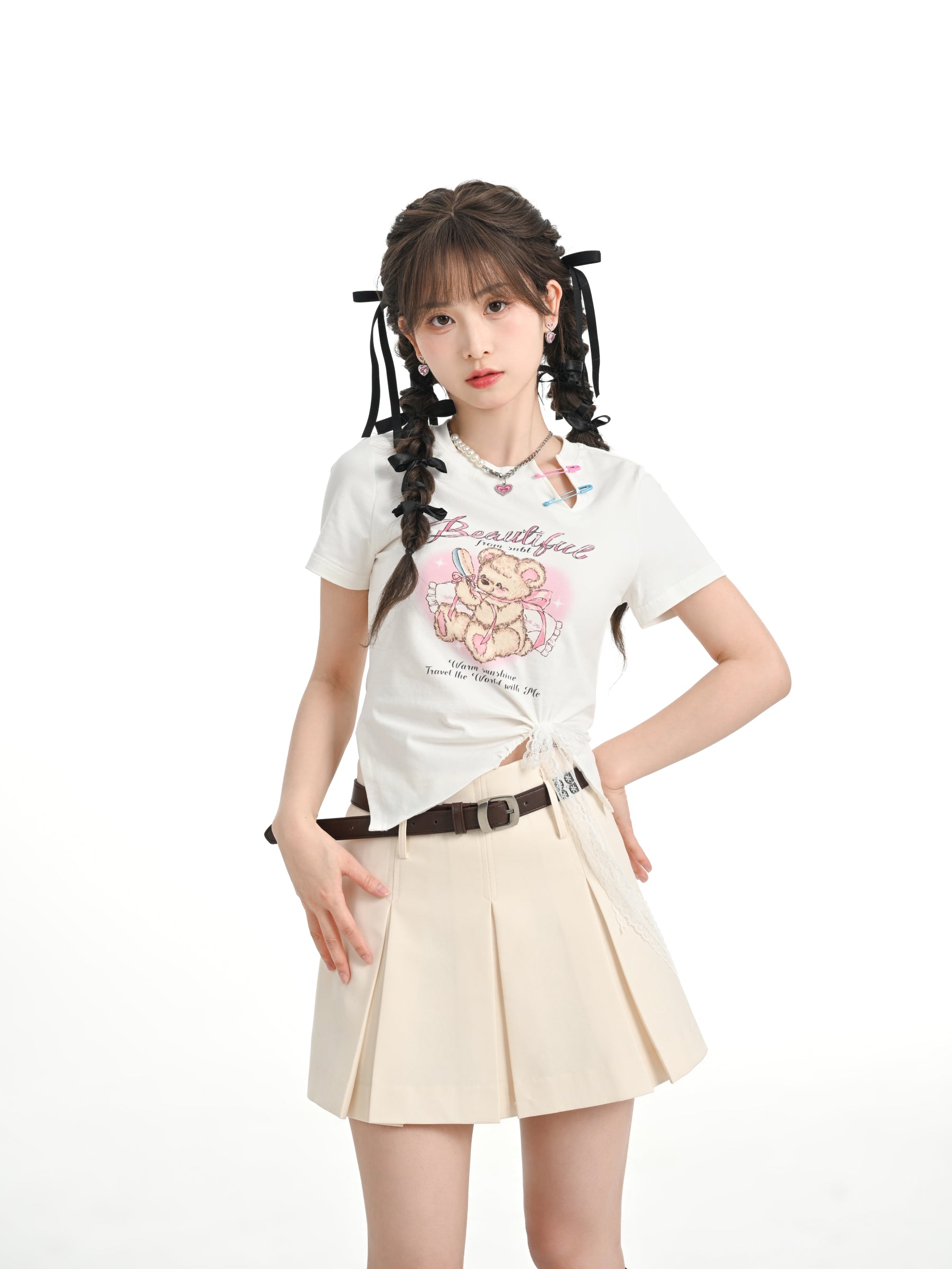 Sweet Girl Bear Print Cutout Crop Tops-ntbhshop