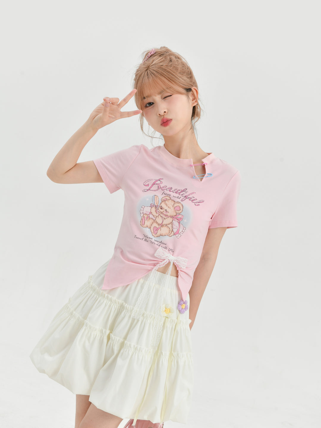 Sweet Girl Bear Print Cutout Crop Tops-ntbhshop