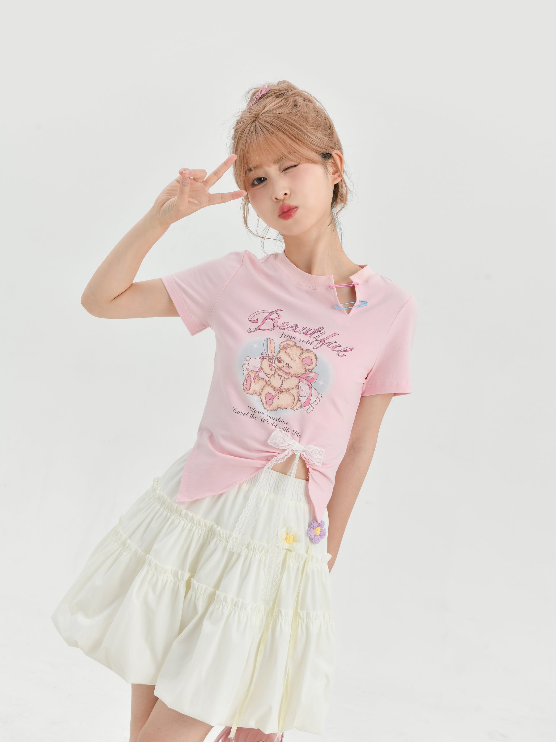 Sweet Girl Bear Print Cutout Crop Tops-ntbhshop