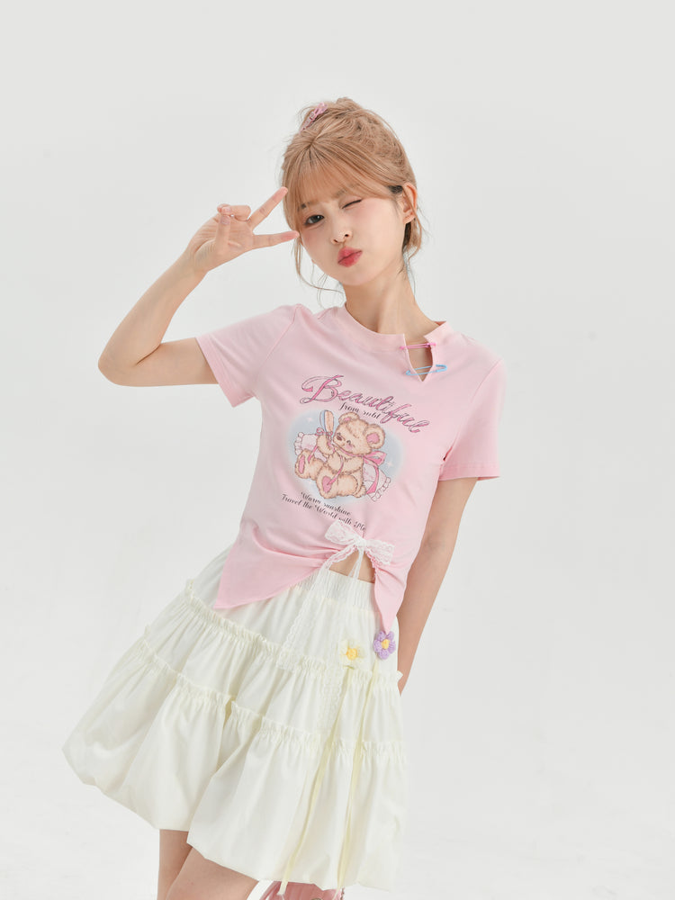 Sweet Girl Bear Print Cutout Crop Tops-ntbhshop