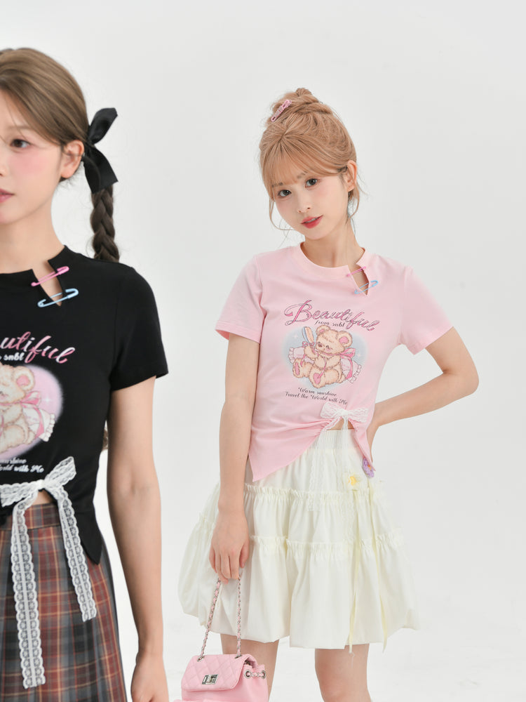 Sweet Girl Bear Print Cutout Crop Tops-ntbhshop